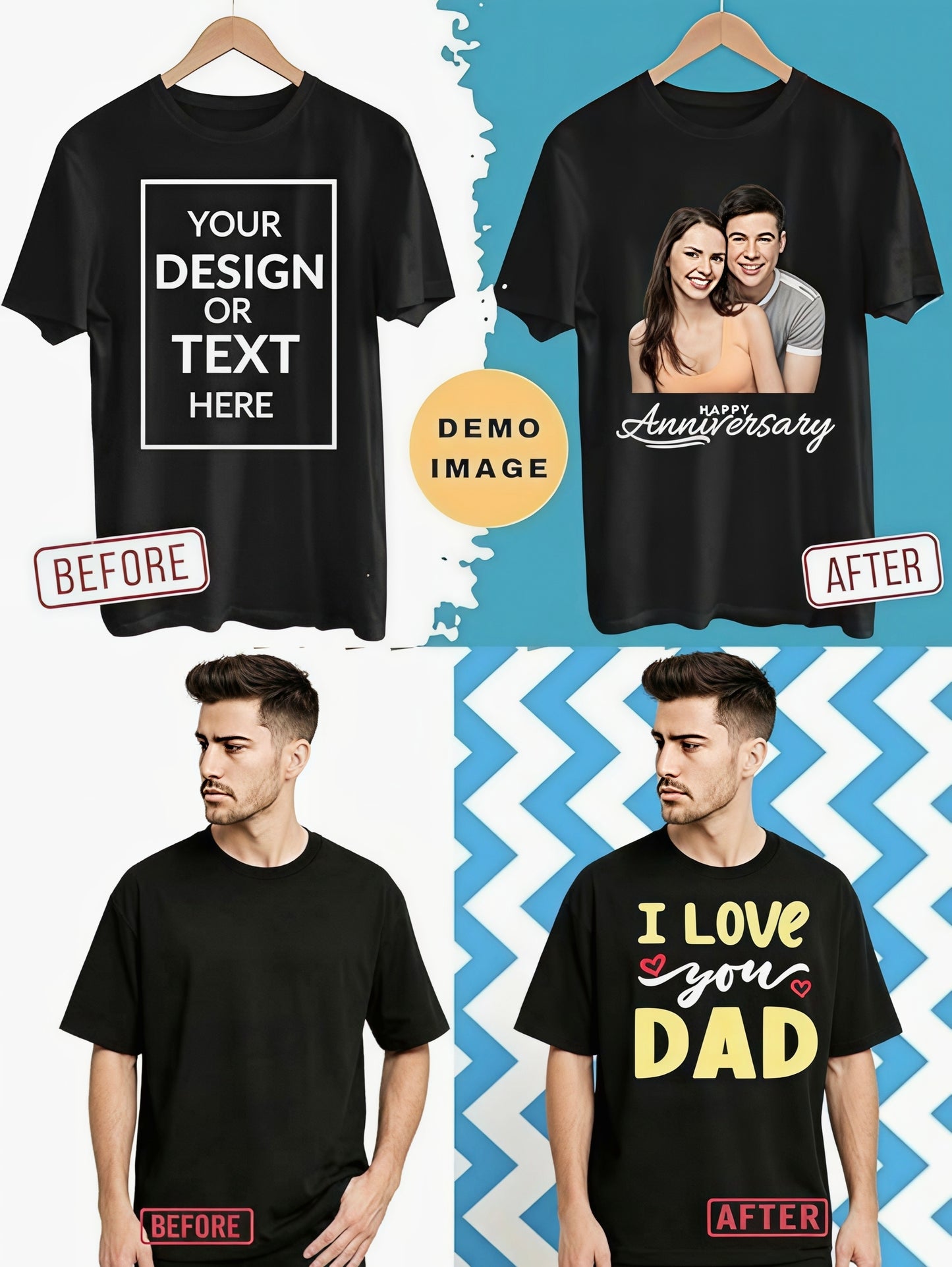 Customized Round Neck T-Shirt - Personalised Print-Photo, Text, Logo or Company Name | Custom T Shirt for Men & Women